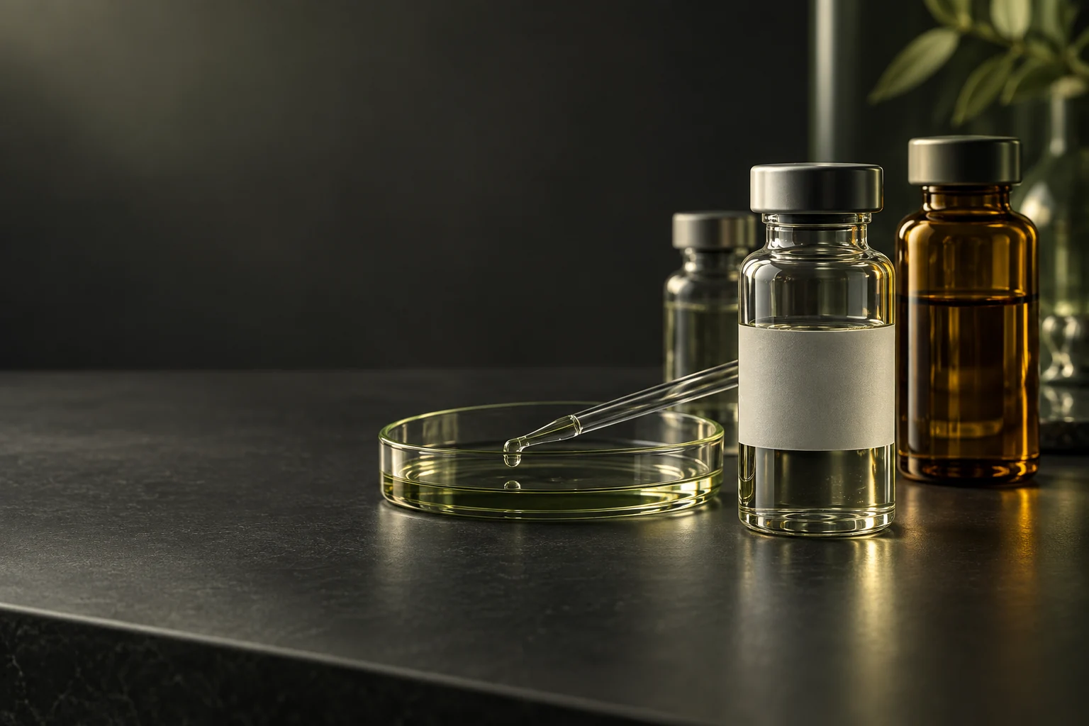 Conceptual laboratory study with glass vials and research glassware